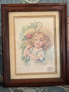 Vintage Framed Little Bo Peep Portrait Print in Wood Frame - Blue and Cream